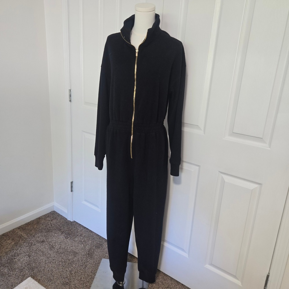 Fabletics‎ Jumpsuit Womens XL Black Ribbed Full Zip Mock Neck Long Sleeve Jogger